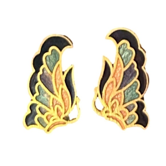 Unique Vintage Gold Dainty Cloisonné Butterfly Earrings - Picture 1 of 5